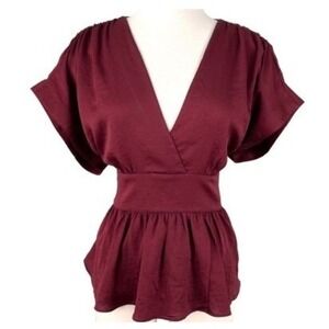 T6 Express‎ Peplum Blouse Small Burgundy Polyester V-Neck Tie Back Y2K Vintage